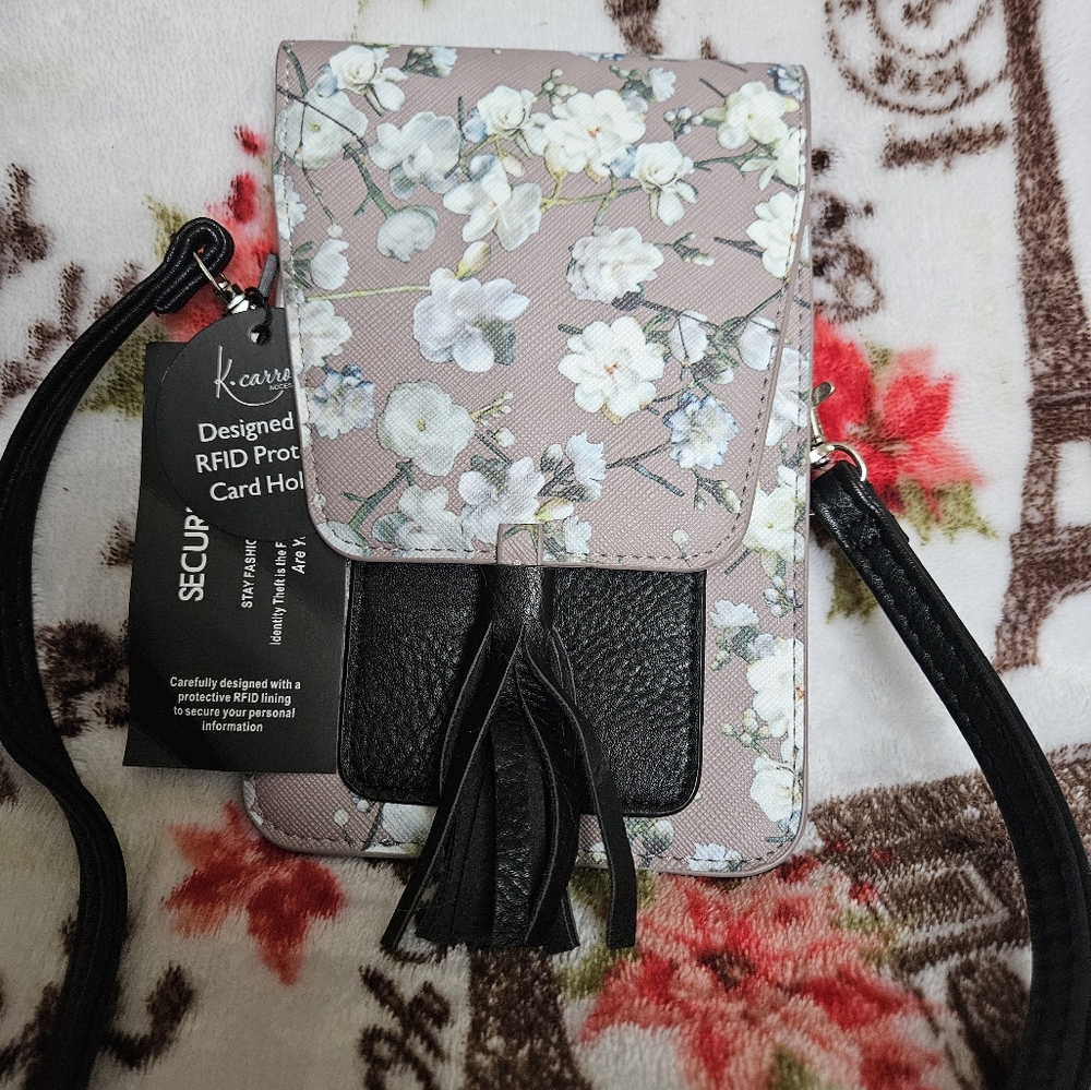 RFID Protected Floral Crossbody Bag - Black and Cream